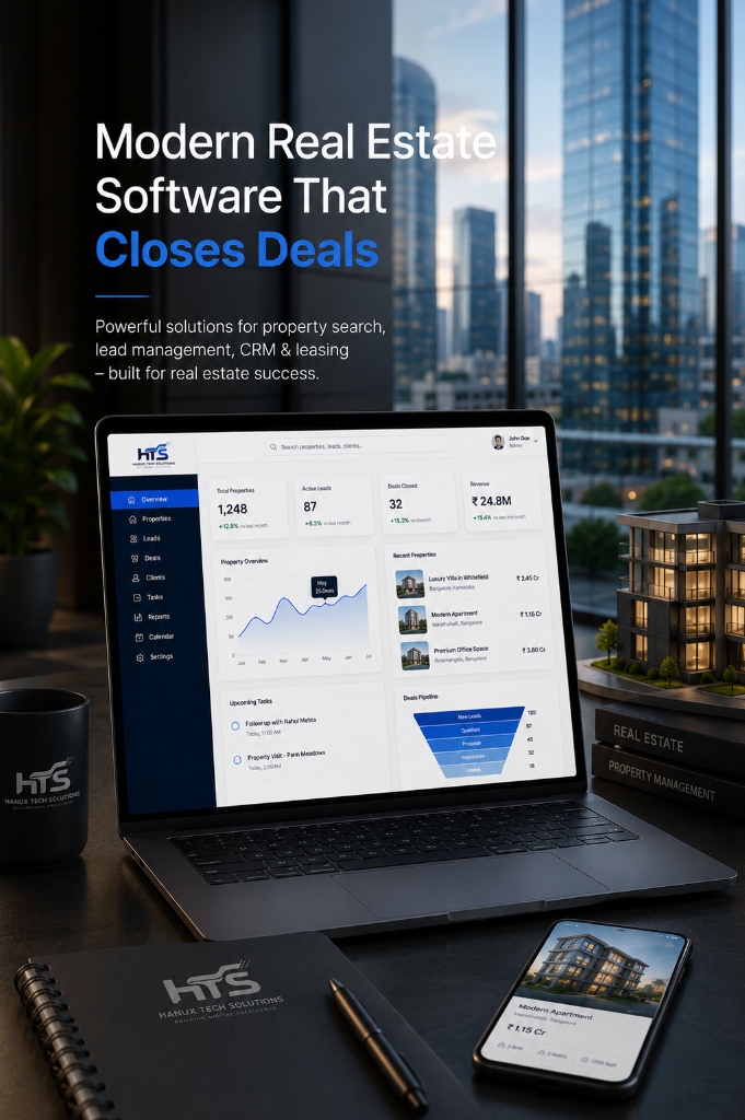 Hanux Real Estate CRM Dashboard on Laptop